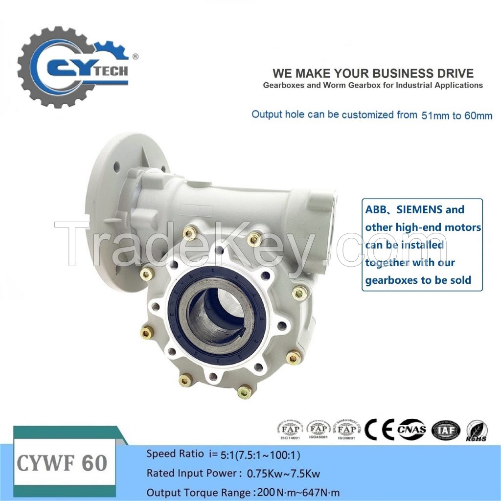 CHENYUE Large Output Bore Worm Gearbox CYWF 60 Input 35mm Output 60mm Ratio 5:1/100:1 Torque 200-647N.m Engine 7.5Kw Free Maintenance