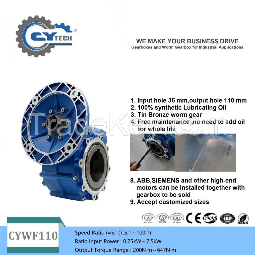 CHENYUE Worm Gearbox CYWF110 Input 35mm Output hole 110mm Can OEM Shaft Speed Ratio from 5:1/100:1 CNC Free Maintenance