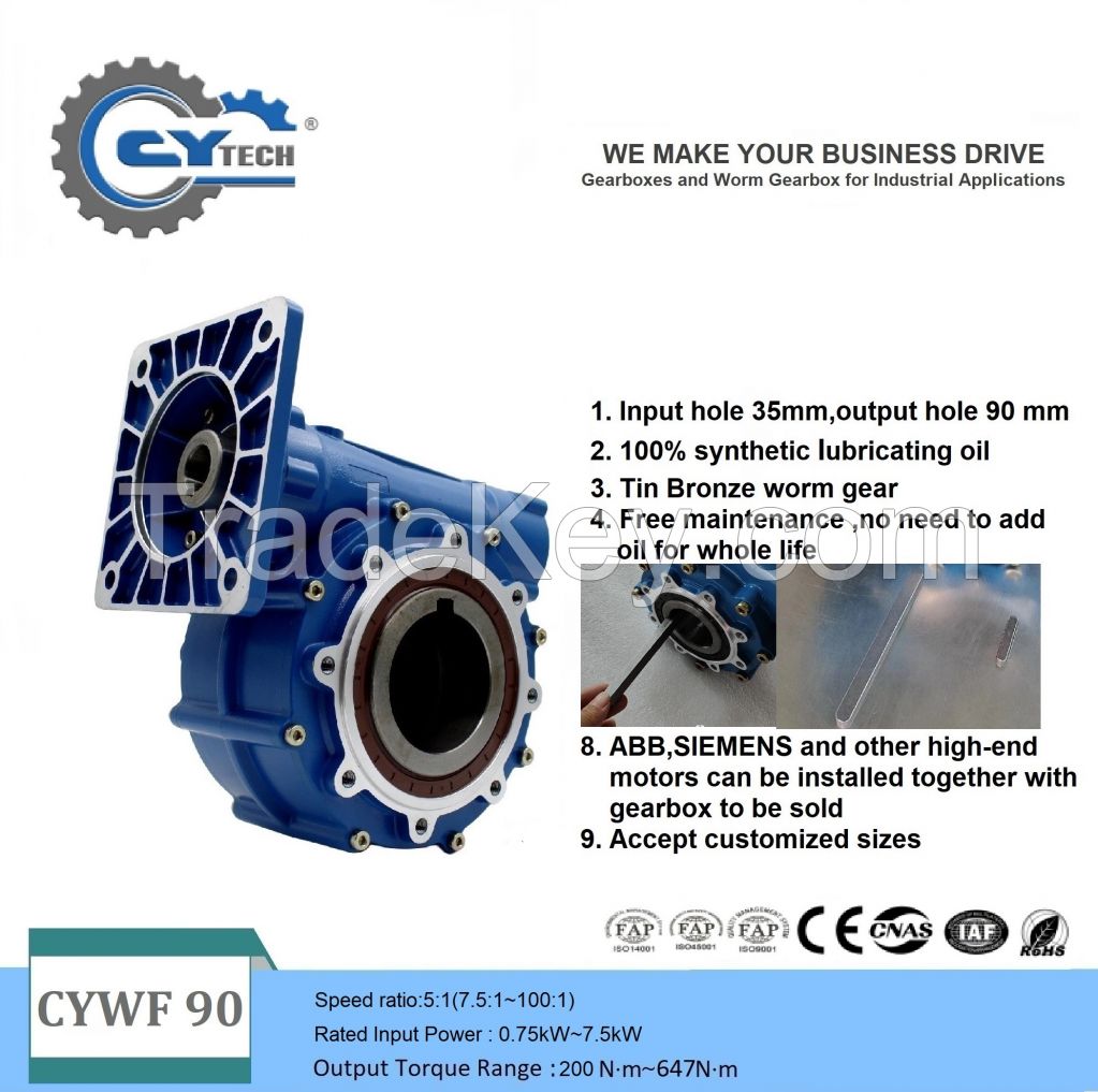 CHENYUE High Torque Worm Gear Reducer CYWF 90 Input 35mm Output hole 90mm Speed Ratio from 5:1 to 100:1 CNC Gearbox Free Maintenance