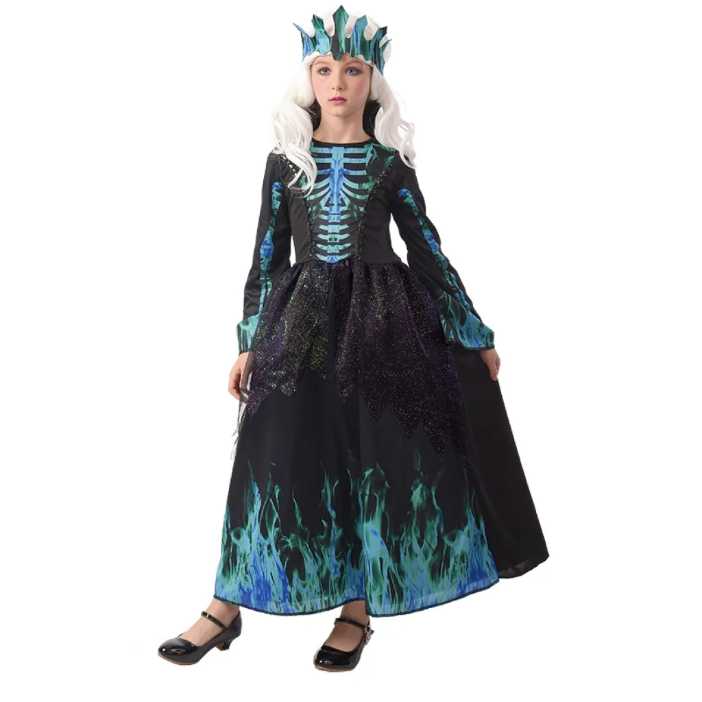 Blue fire skeleton queen halloween costume for kids