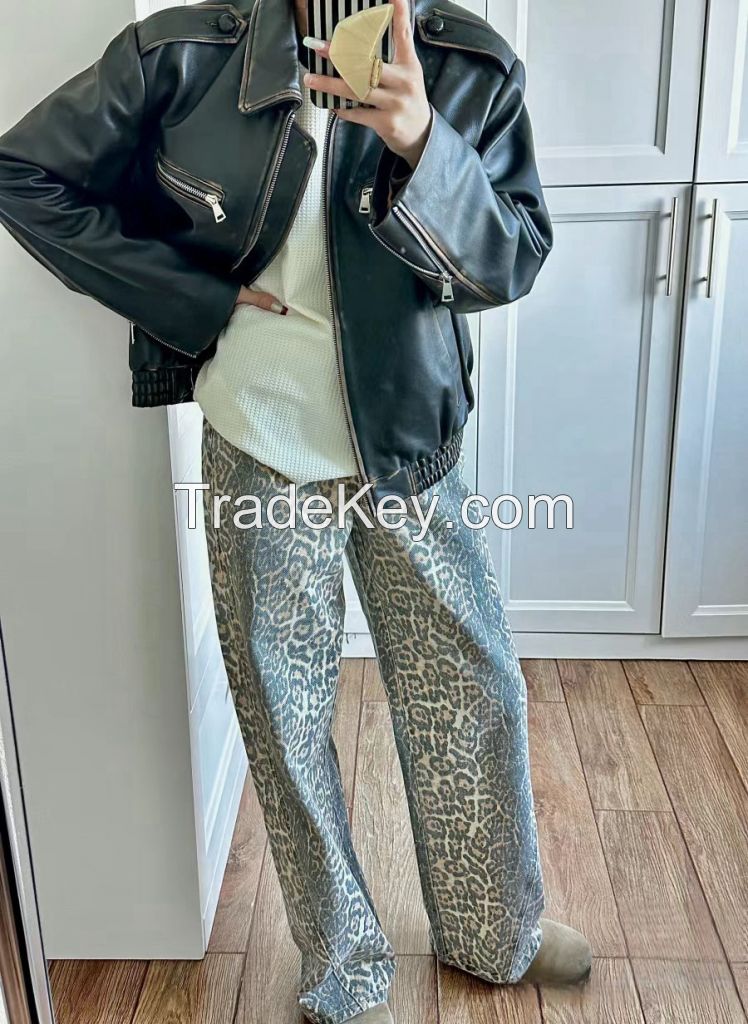 Retro Medieval Mobwife Style Slim Leopard Print Water Washed Old Wide Leg Denim Pants Women's 4002