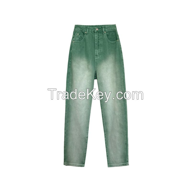 Gradient denim pants for summer 2022, high waisted, loose fitting, straight leg, draping floor length pants, wide leg pants