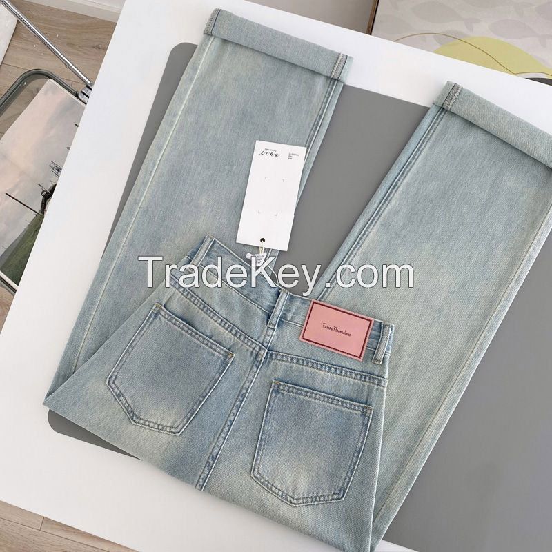 Pink leather brand jeans for women's new summer and autumn high waisted, small, loose and versatile wide leg casual straight leg floor mop pants