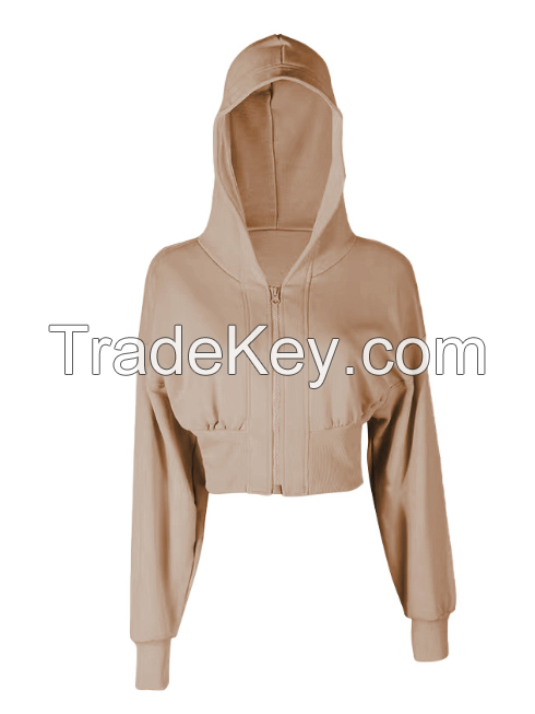 Spring and autumn cotton ribbed waist slimming fitness running sportswear zipper hooded casual short hoodie coat