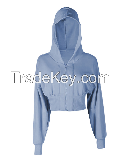 Spring and autumn cotton ribbed waist slimming fitness running sportswear zipper hooded casual short hoodie coat