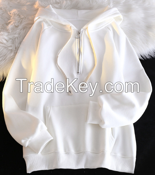 Half zipper hoodie women's autumn and winter fluffy loose Korean version long-sleeved pullover coat