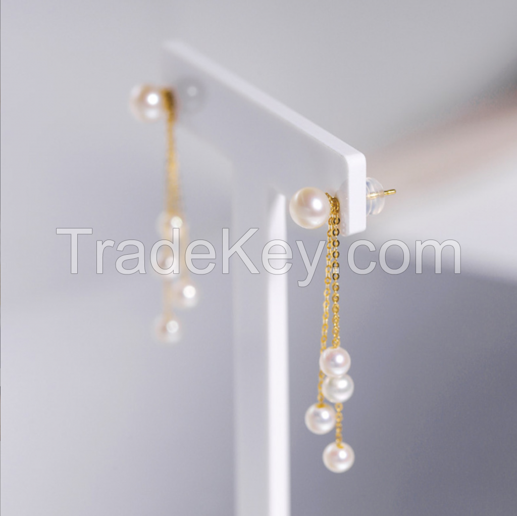 18K gold natural freshwater pearl earrings women's gold ear line strong light tassel earrings a dual-purpose pearl ear line