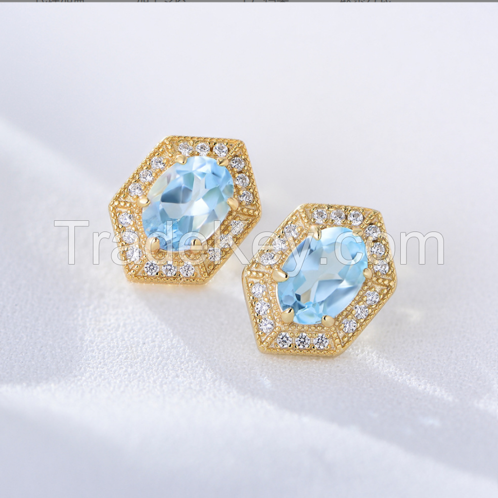 Simple geometric blue natural Topaz earrings for women Europe and America ins style sterling silver stud earrings high-grade niche