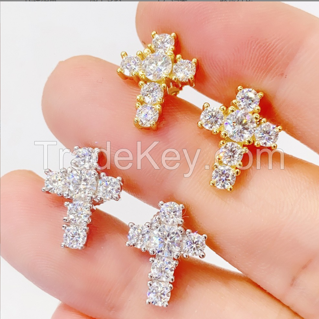 2024 New Cross s925 Silver Hip Hop jewelry DF Mosan earrings for both men and women