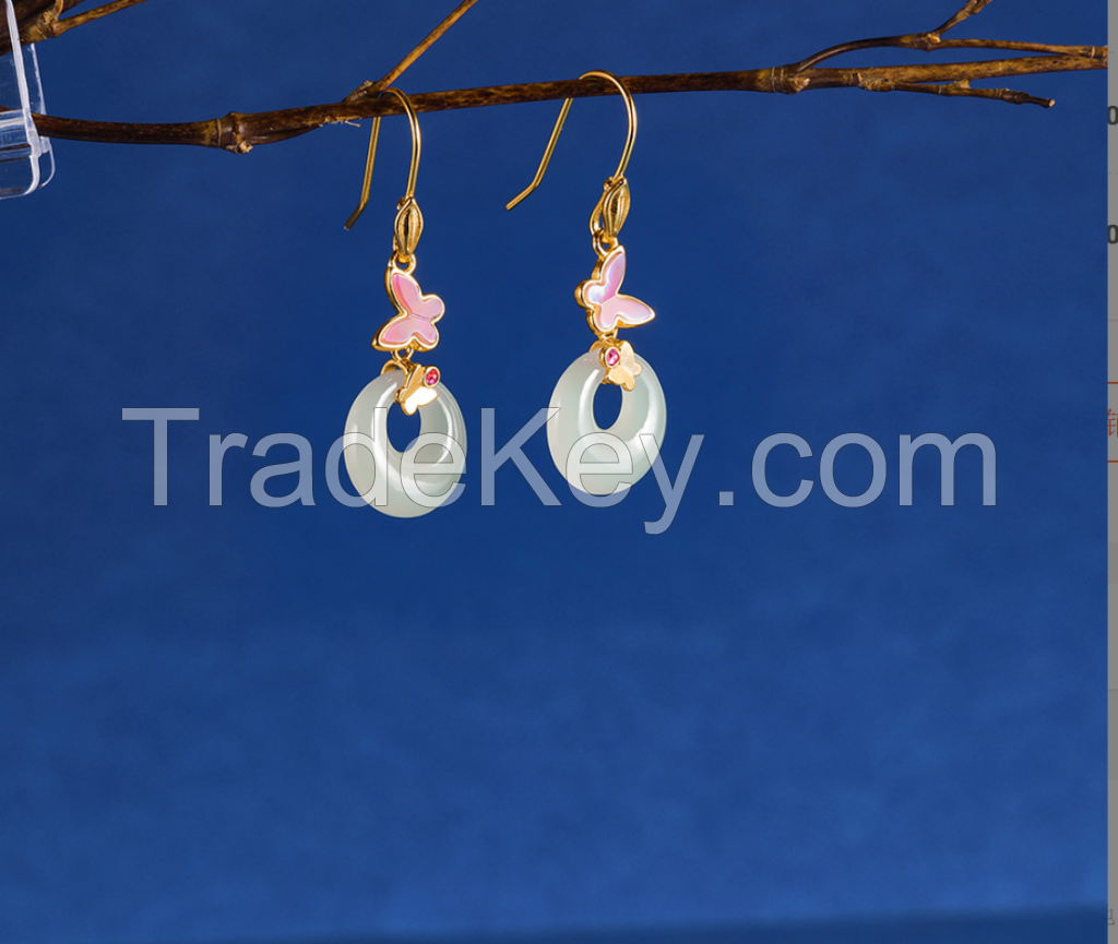 Hetian jade earrings with cheongsam female sterling silver butterfly pendant ancient style natural authentic earrings earrings national style