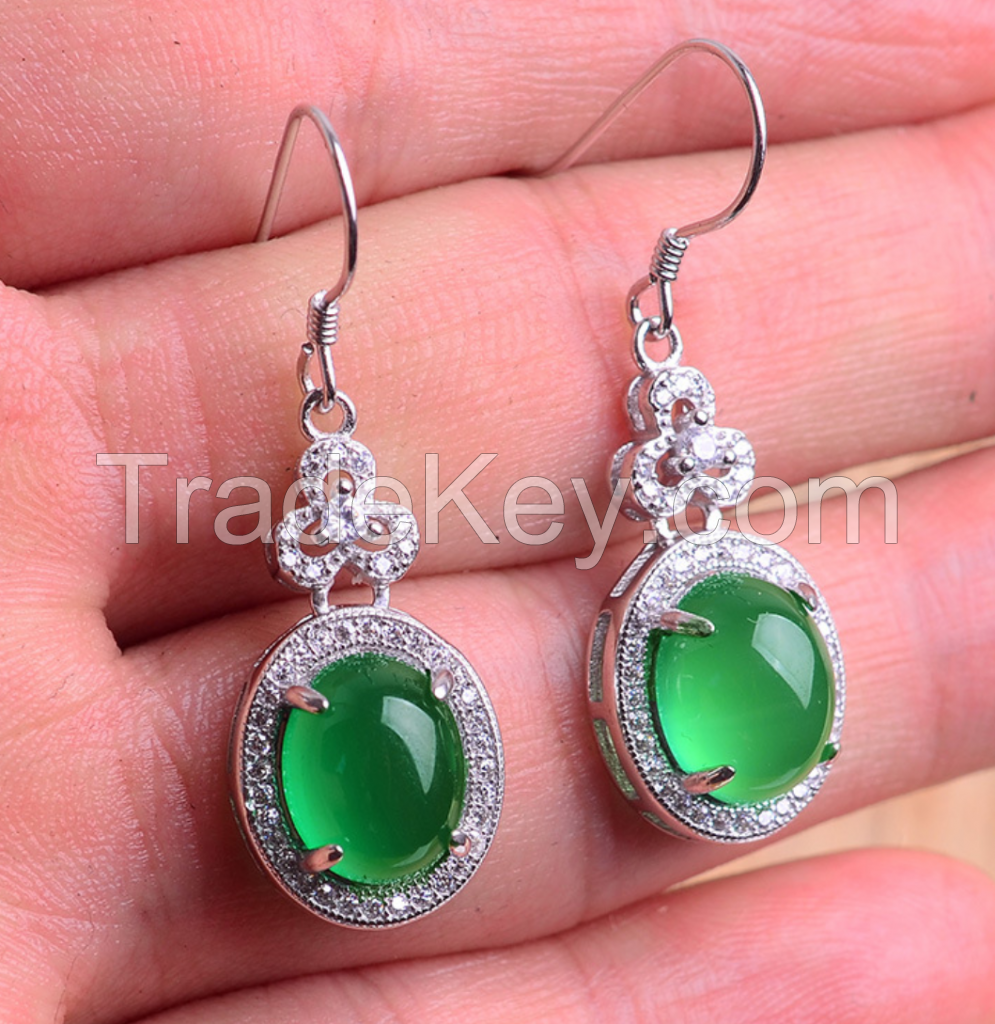 925 sterling silver ear hook Yang green drop jade earrings Natural pink agate earrings sapphire ear clip Korean temperament