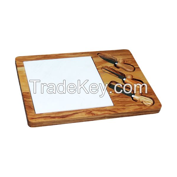 Olivewood & White Marble Cheese Board with Cheese Knives