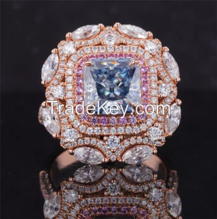 8Ã8mm Asscher Cut Blue Diamond Color Moissanite 10K Rose Gold Engagement Ring