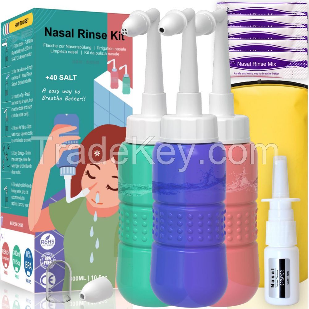 Neti Pot - 5 x Sinus Rinse Mix+Nasal Wash Bottle+Spray Bottle+Storage Bag, Nasal Rinse Sachets Kit, Neti Pot Salt, Nasal Irrigation, Sinus Relief, Nasal Wash Nose Rinsing Cleanse Bot