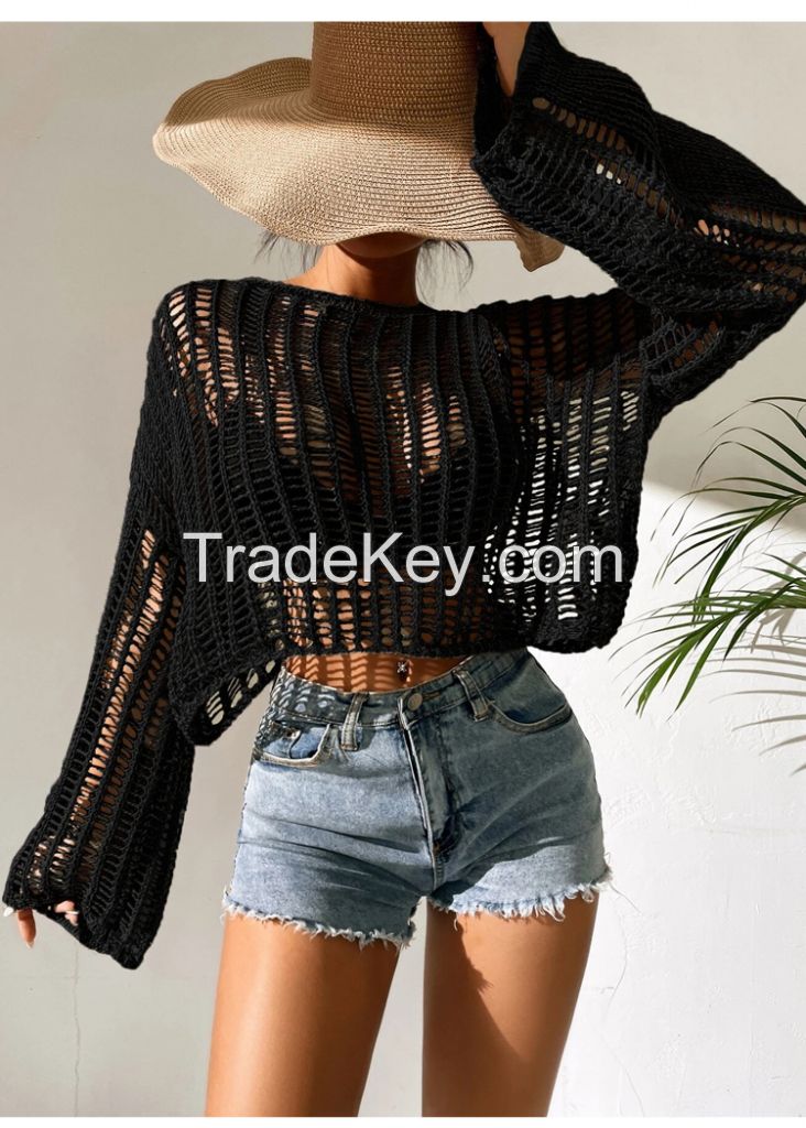 Open Knit Bell Sleeve Sheer Sweater Summer Crochet Top Sweater Knitting Design Sweater Export Sueter Personalizado