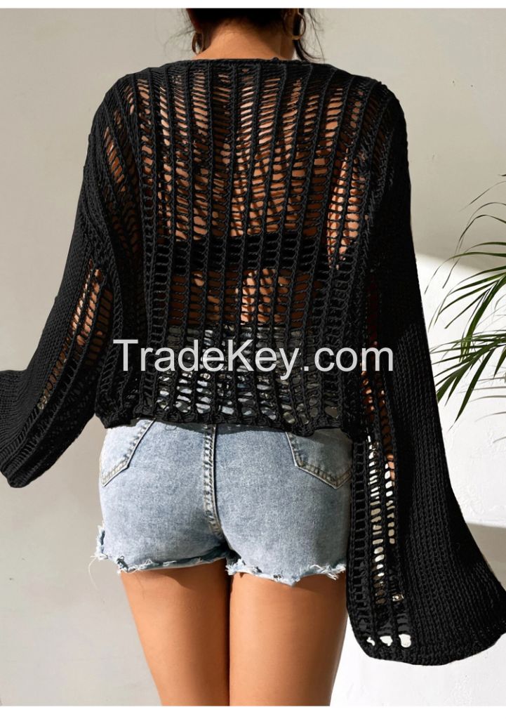 Open Knit Bell Sleeve Sheer Sweater Summer Crochet Top Sweater Knitting Design Sweater Export Sueter Personalizado