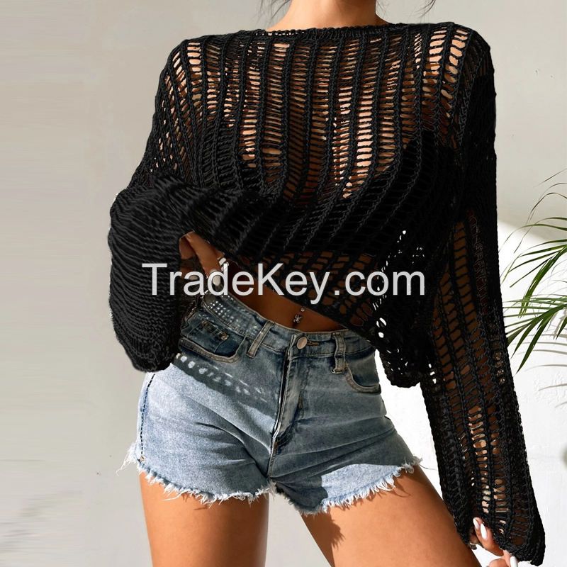 Open Knit Bell Sleeve Sheer Sweater Summer Crochet Top Sweater Knitting Design Sweater Export Sueter Personalizado