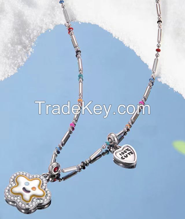 Non Fade Stainless Steel Rainbow Beaded Chain Flower Smile Charm Necklace with Cz Rhinestones Girl's Cute Y2K Jewelry