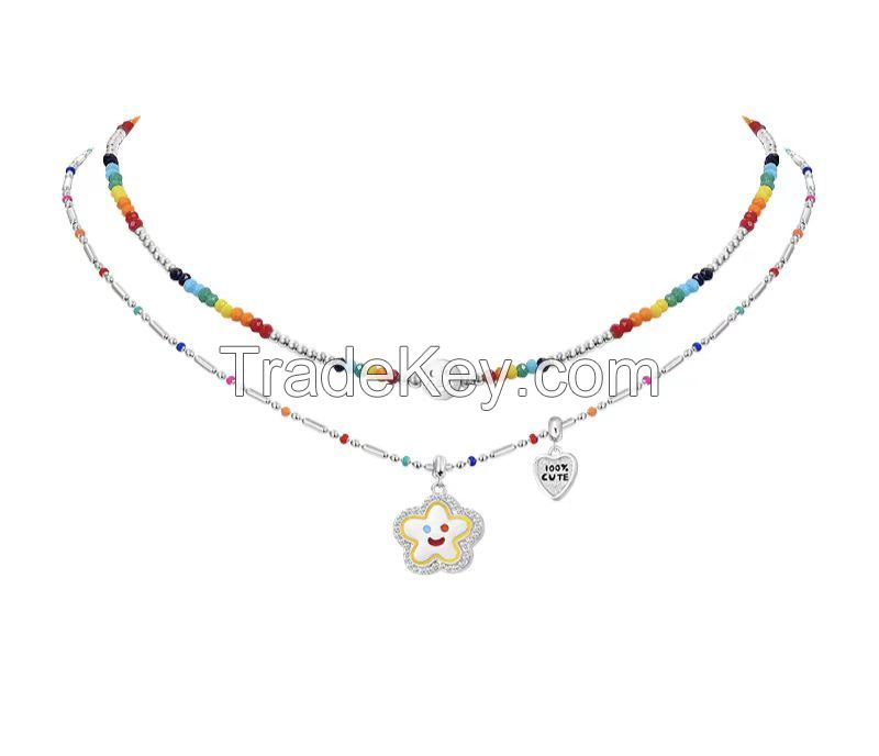 Non Fade Stainless Steel Rainbow Beaded Chain Flower Smile Charm Necklace with Cz Rhinestones Girl's Cute Y2K Jewelry