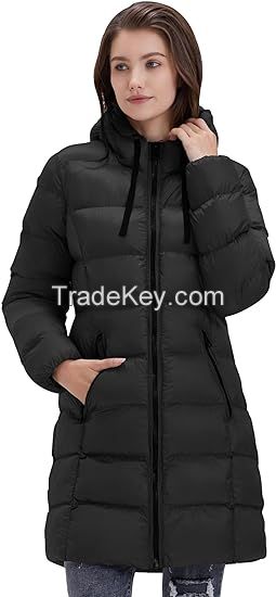 SLOWTOWN Womenâ��s Puffer Jacket Lightweight Hooded Puffy Coat Mid-length Warm Long Puffer Coat