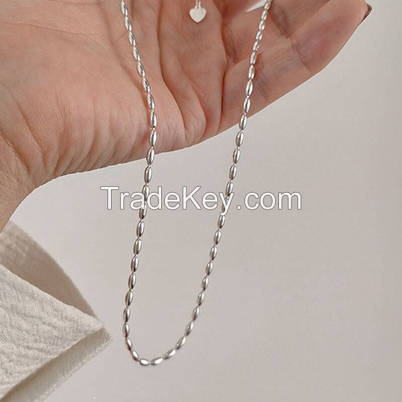 s925 Sterling silver rice grain olive bead necklace vegetarian chain for women simple ins personality overlapping senior sense bead clavicle chain