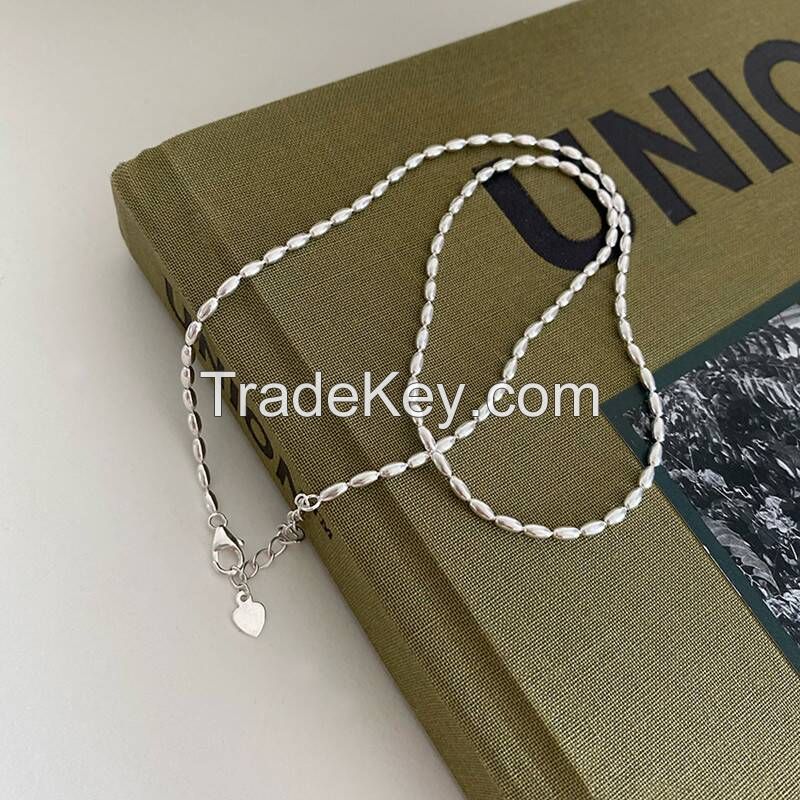 s925 Sterling silver rice grain olive bead necklace vegetarian chain for women simple ins personality overlapping senior sense bead clavicle chain