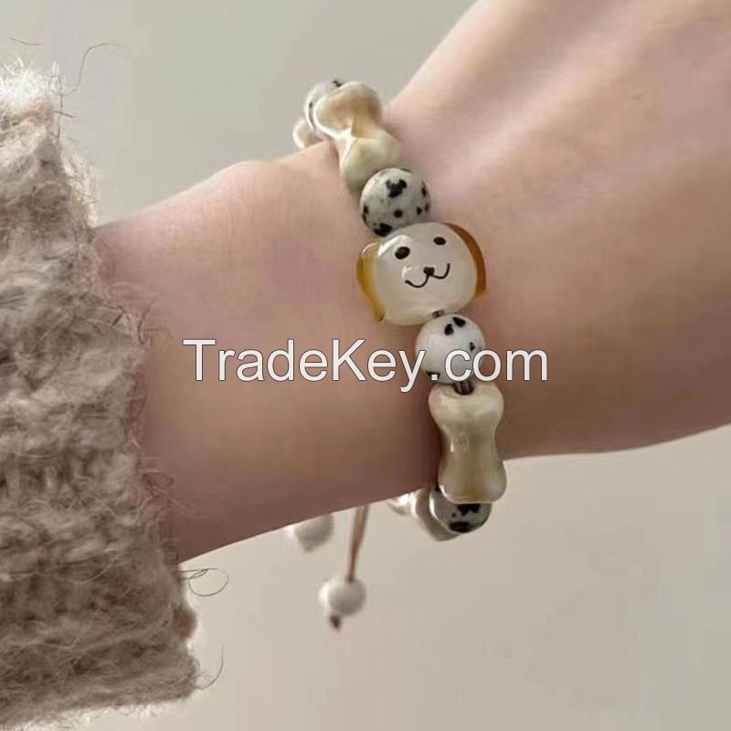 Ceramic puppy bracelet female cute retro style cream bunched string niche design simple temperament fashion hand jewelry