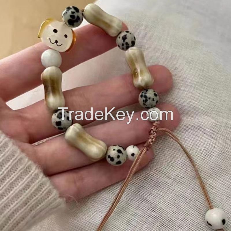Ceramic puppy bracelet female cute retro style cream bunched string niche design simple temperament fashion hand jewelry