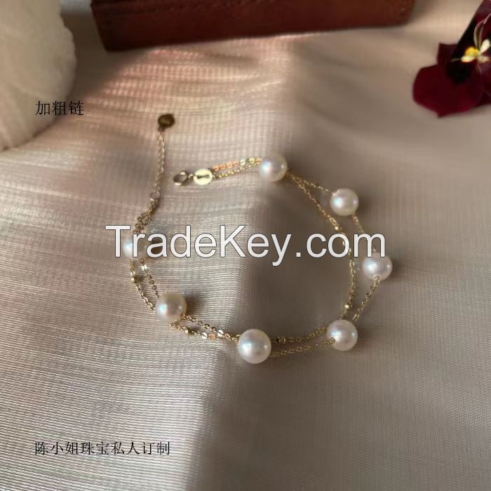 18k gold fresh water white pervious Pearl bracelet Natural Pearl Full Star double layer winding female au750