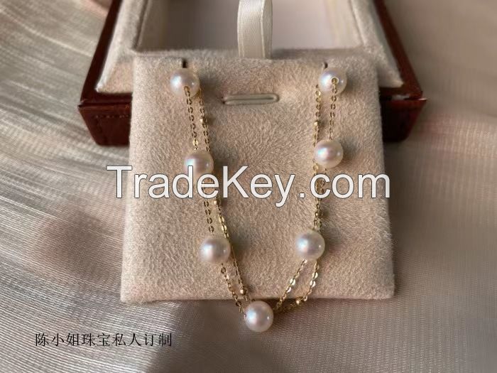 18k gold fresh water white pervious Pearl bracelet Natural Pearl Full Star double layer winding female au750