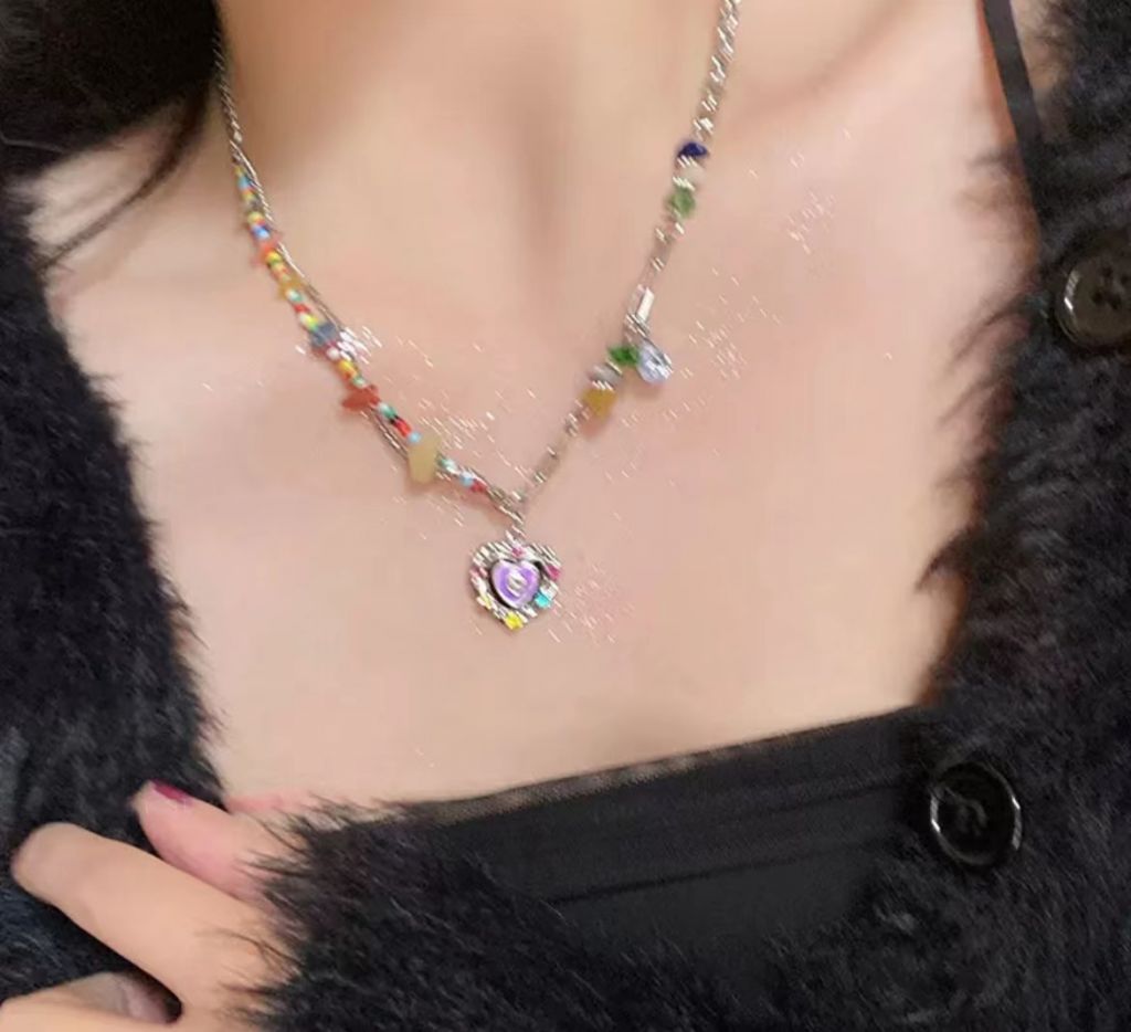 Broken silver crystal love pearl beaded necklace versatile clavicle chain colorful fashion necklace accessories new wholesale women