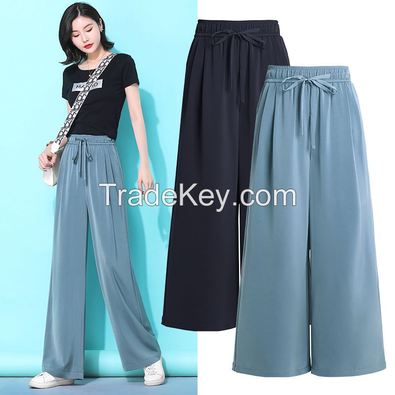 Women&amp;apos;s acetate satin cloud-like wide-leg pants, plus-size high-waisted, ice silk straight-leg floor-length trousers for summer