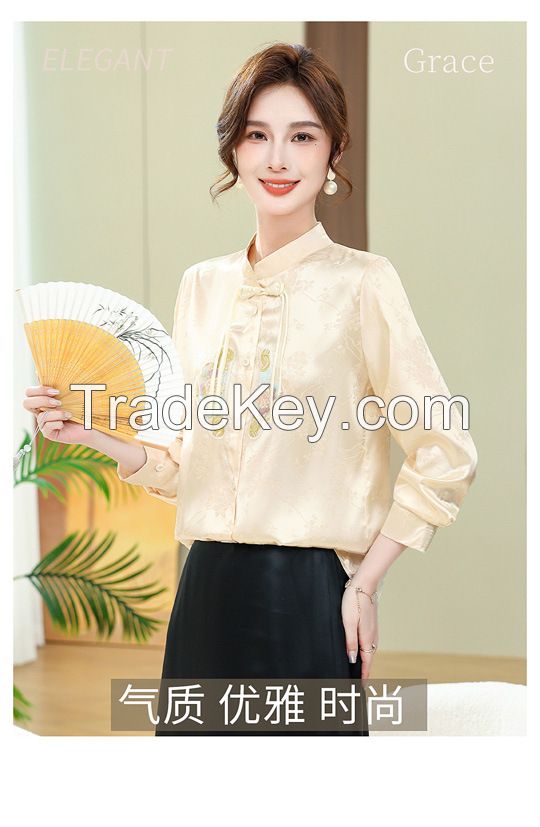 Mom's T-shirt long sleeved spring/summer 2024 new chiffon small shirt for middle-aged and elderly women, summer new Chinese style Chinese style top