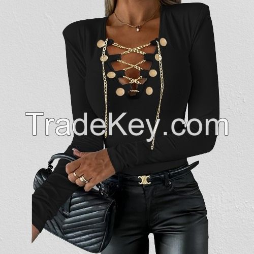 2024 Cross-border Foreign Trade Women's Top Spring New Chain Strap Solid Color V-Neck Slim Long Sleeve T-Shirt Women