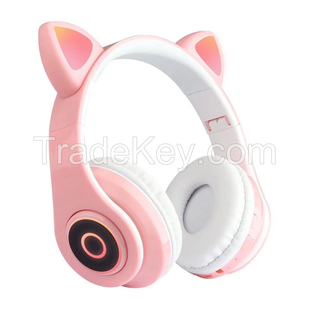 Pink cat over-ear bluetooth headphones