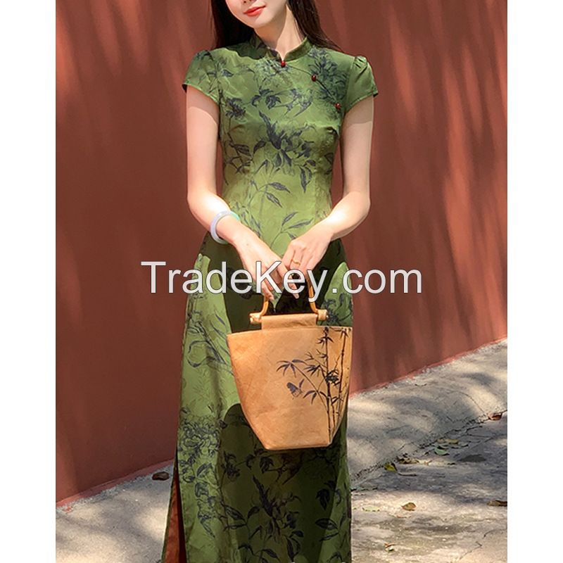 Danqingke's New Chinese Jacquard Improved Cheongsam Women's Spring Temperament Retro Short-sleeved Dress Long Skirt Thin Cheongsam Skirt