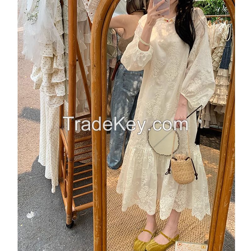 The cold moon is the new Chinese style dress with a super good design sense and a full-width Tencel embroidered long skirt 2024 spring and summer