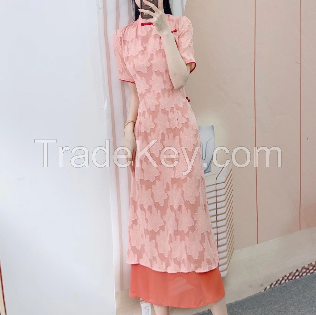   Summer 2024 brand counter fashion temperament chiffon cut flower luxury short-sleeved cheongsam dress 021