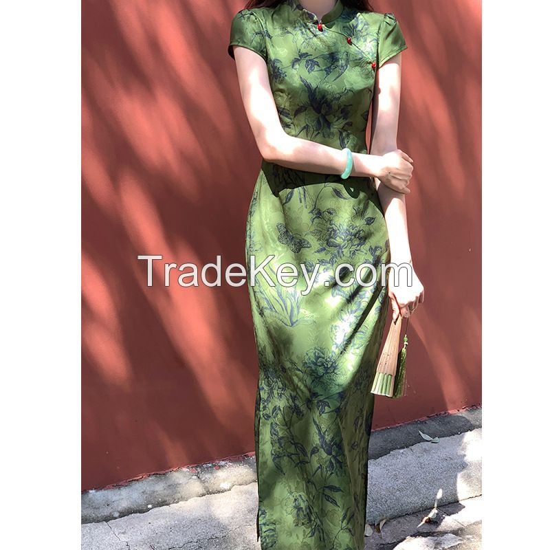 Danqingke's new Chinese jacquard improved cheongsam women's spring temperament retro short-sleeved dress long skirt thin cheongsam skirt