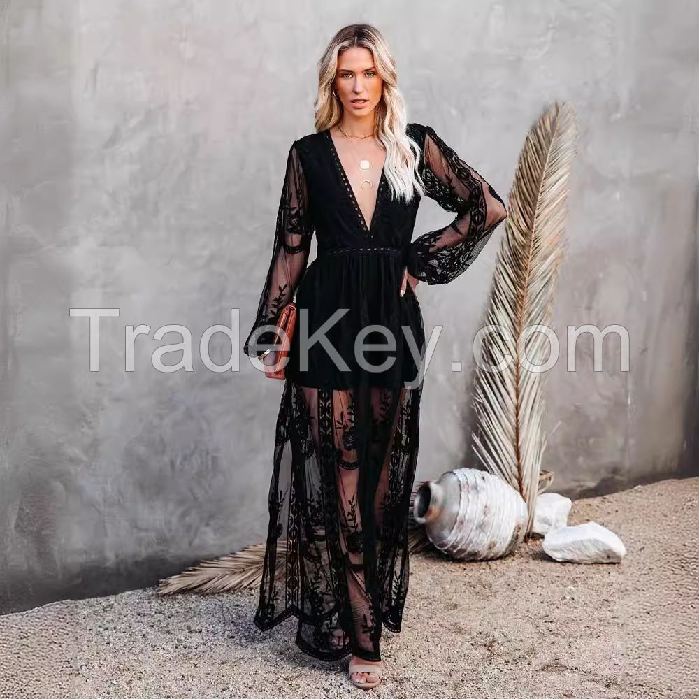 2021 Spring/Summer Cross-border Amazon New European and American Women's Lace Long Sleeve V-Neck Solid Color Chiffon Summer Dress Amazon New European and American Women's Lace Long Sleeve V-Neck Solid Color Chiffon Summer Dress
