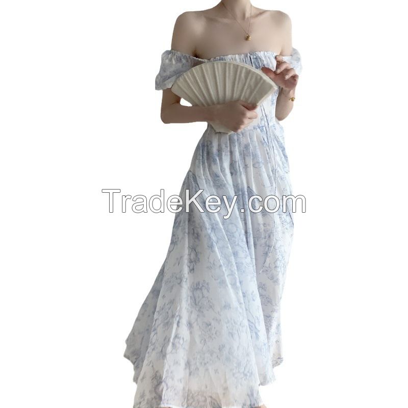 French Printed Dress Women's Summer 2024 New Short Sleeve Sense Sense Square Neck Off-the-Shoulder Long Floral Dress