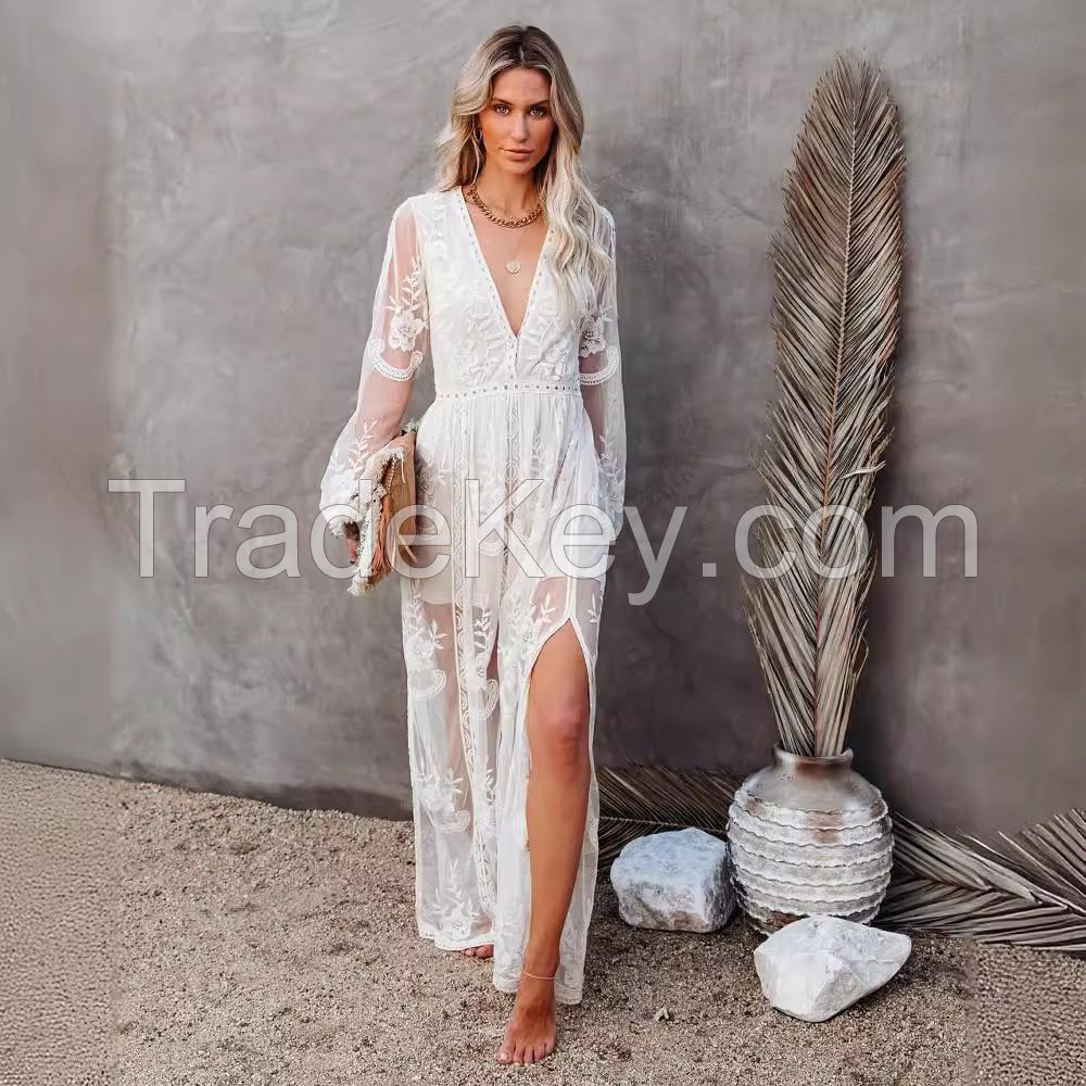 2021 Spring/Summer Cross-border Amazon New European and American Women's Lace Long Sleeve V-Neck Solid Color Chiffon Summer Dress Amazon New European and American Women's Lace Long Sleeve V-Neck Solid Color Chiffon Summer Dress