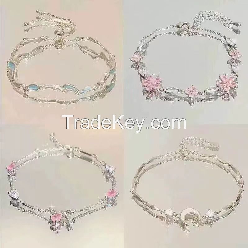 Cherry blossom bow bracelet niche light luxury temperament senior pink zircon cool feeling boudoir hand bracelet trend