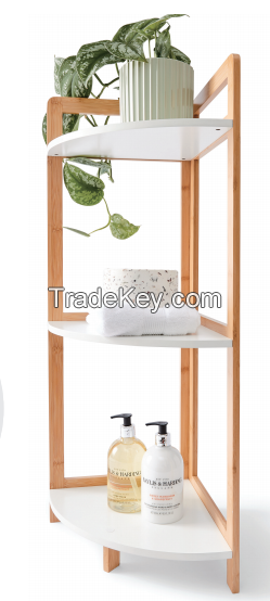 Bamboo corner rack with white shelf