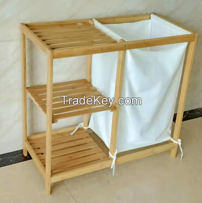 Bamboo 3 tier shelf with laundry bag