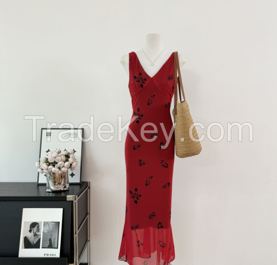  Color V-neck slip dress women's summer waist wrap hip mermaidtail skirt long red skirt rose 2 024