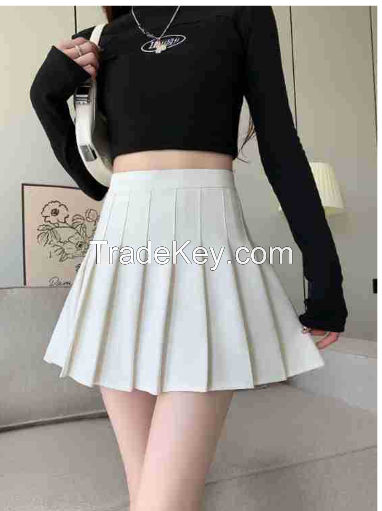 Spring and summer fashion, simple pleated skirt, high-waisted thin white skirt, preppy style schoolgirl anti-walking short skirt