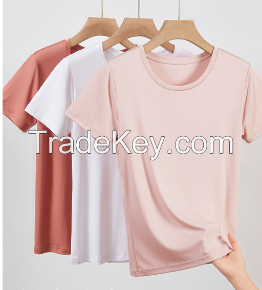 Shoulder length short sleeved white T-shirt, women's modal round neck, spring and summer inner matching base shirt, mulberry silk T-shirt top
