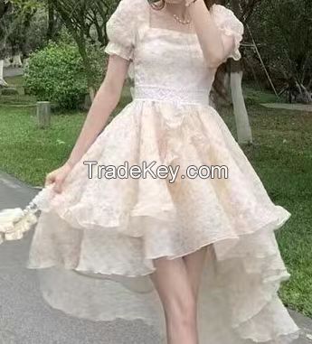 Princess dovetail dress pure gentle wind floral solid color square collar irregular fairy dress