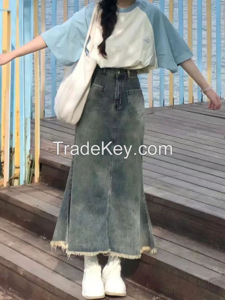 American retro denim skirt female spring and summer new fat mm raw edge fishtail skirt high waist thin A-line skirt